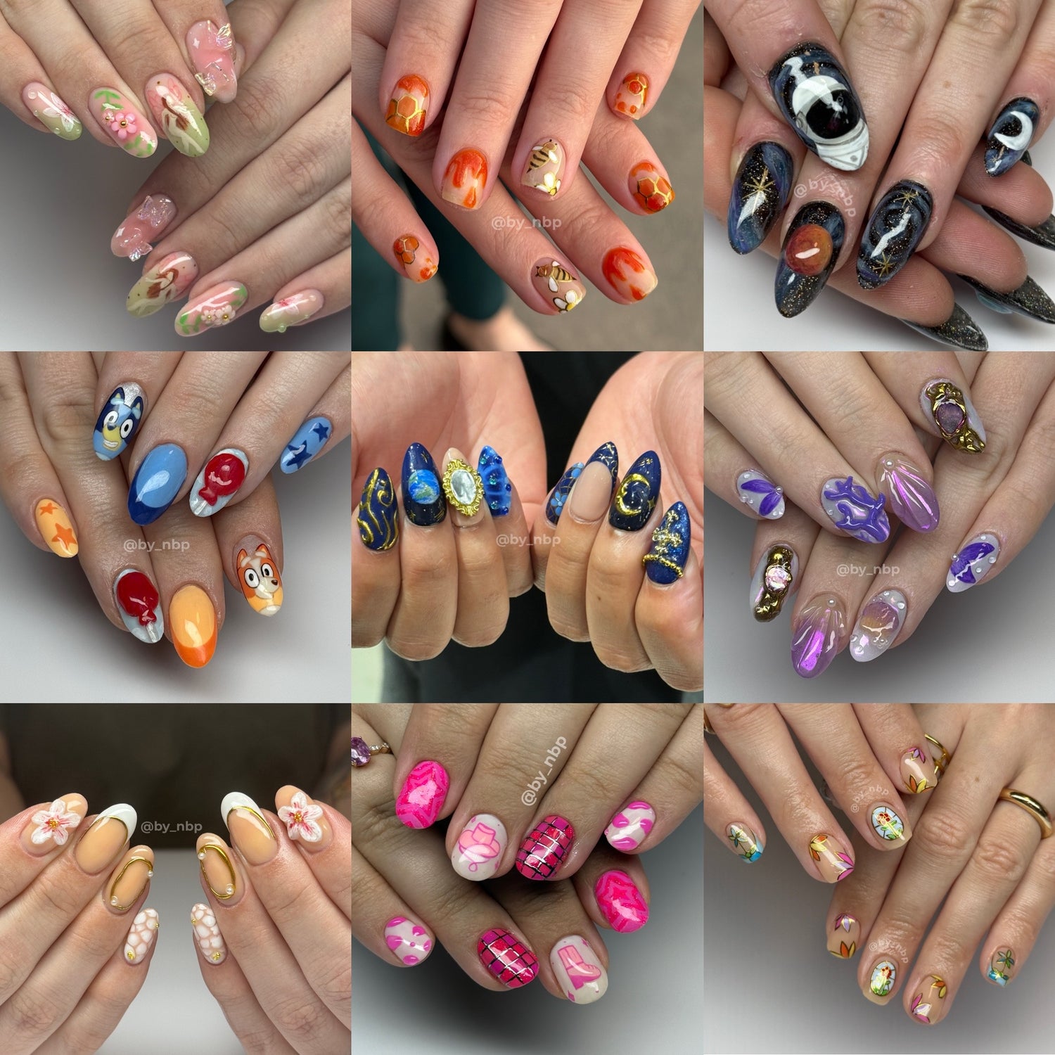 Collage of client hands with various hand panted freestyle nail art on BIAB & Gel-X nails.
