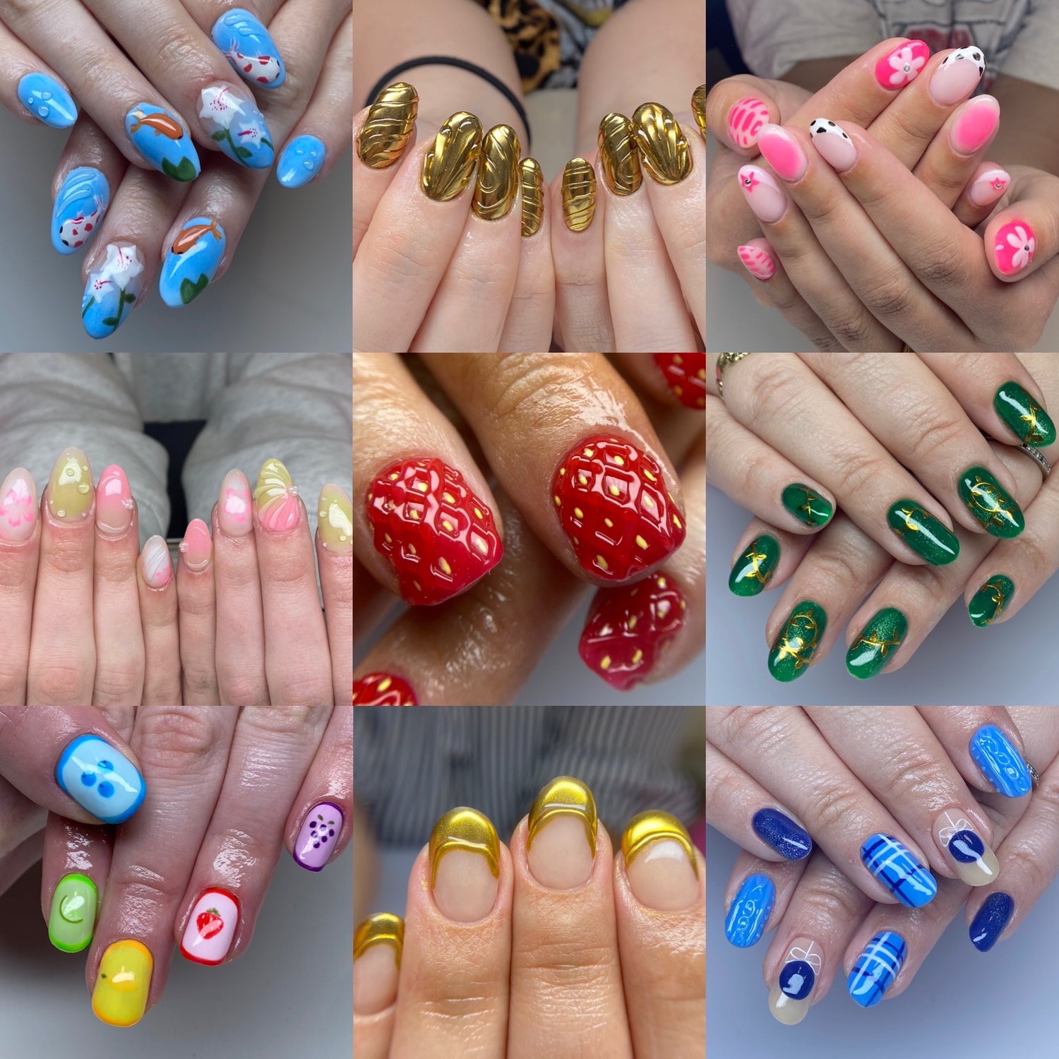 Collage of client hands with various hand panted tier 3 moderate-complex nail art on BIAB & Gel-X nails.