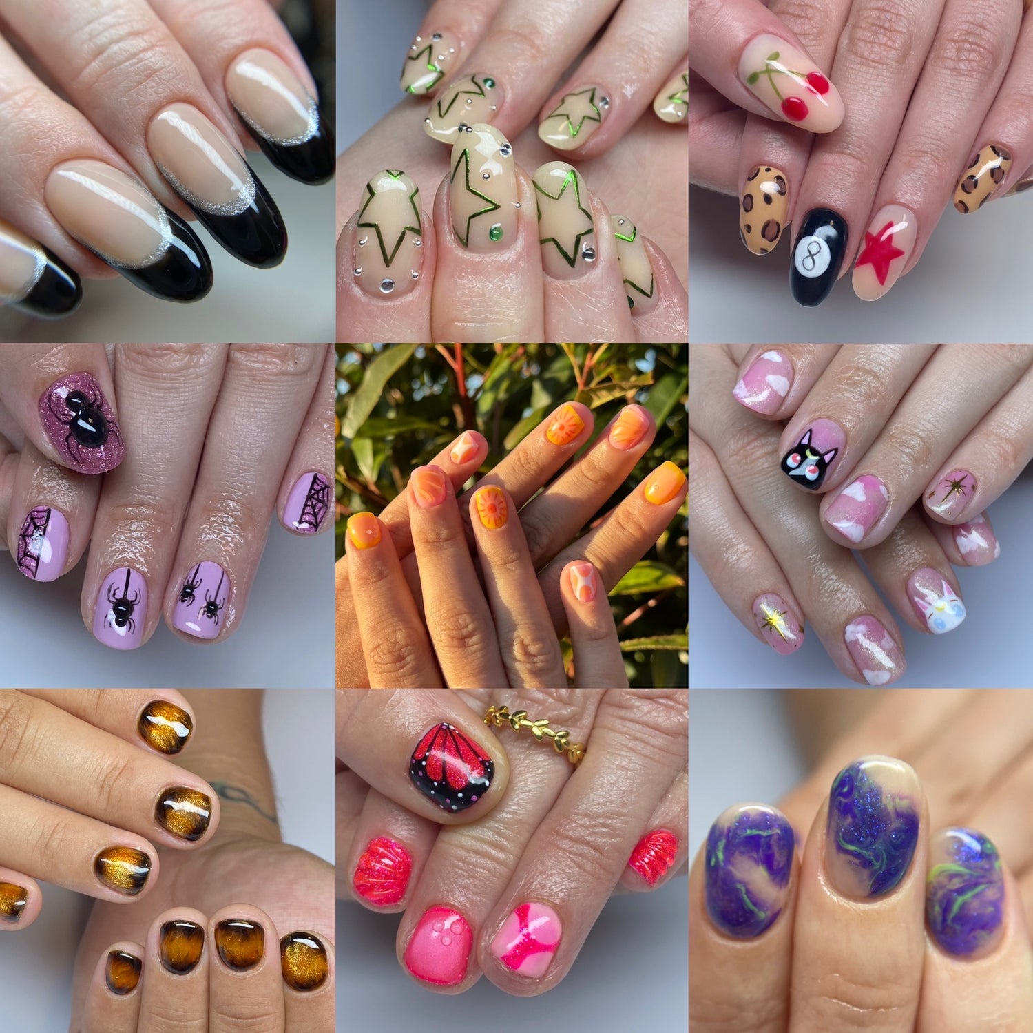 Collage of client hands with various hand panted tier 2 moderate nail art on BIAB & hard gel nails.