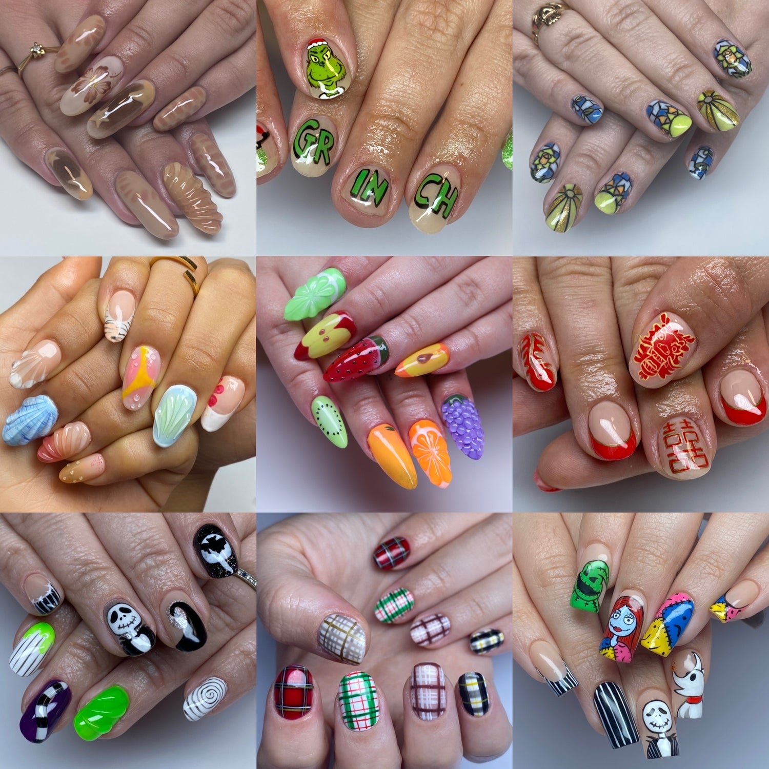Collage of client hands with various hand panted tier 4 complex nail art on BIAB & Gel-X nails.