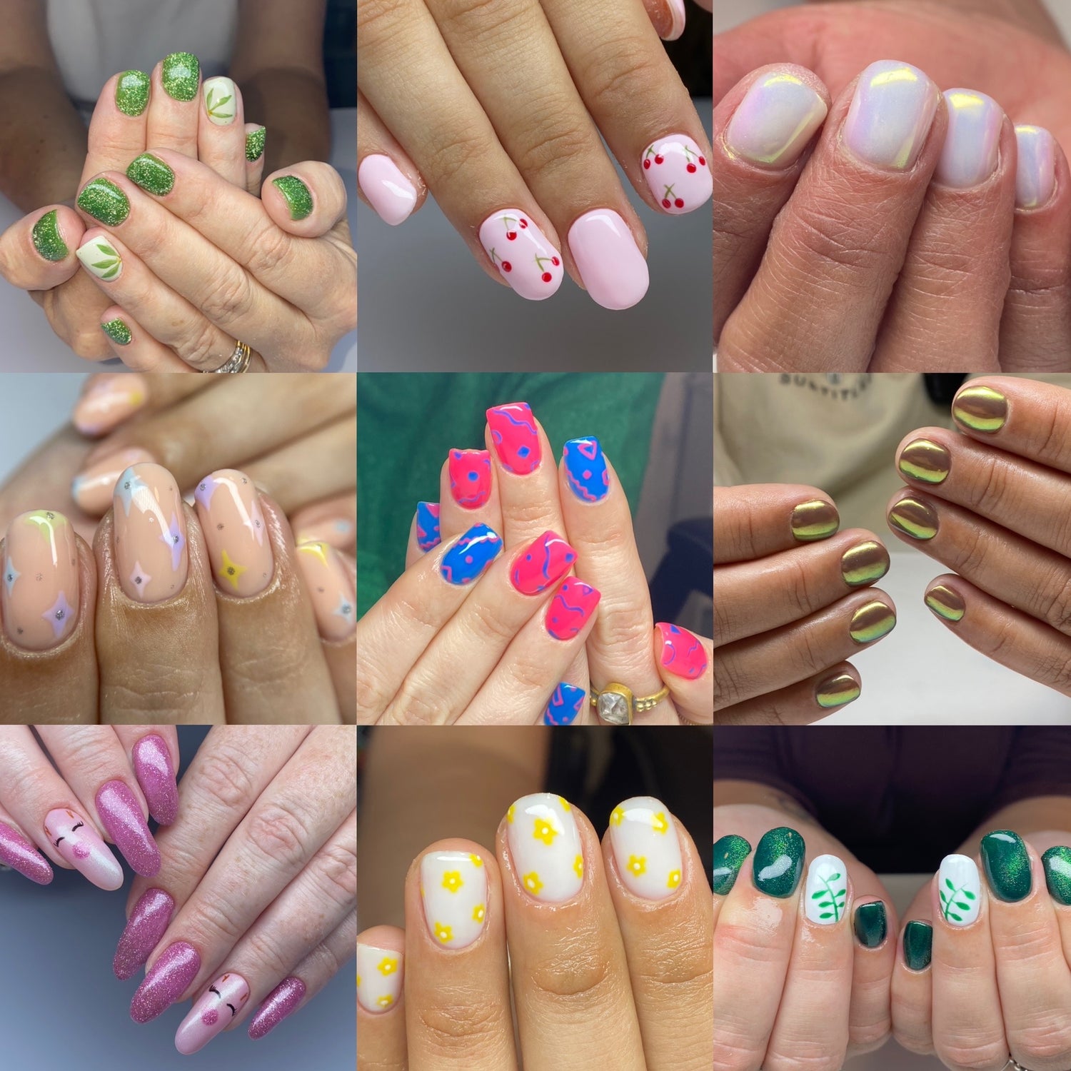 Collage of client hands with various hand panted tier 1 simple nail art on BIAB & hard gel nails.