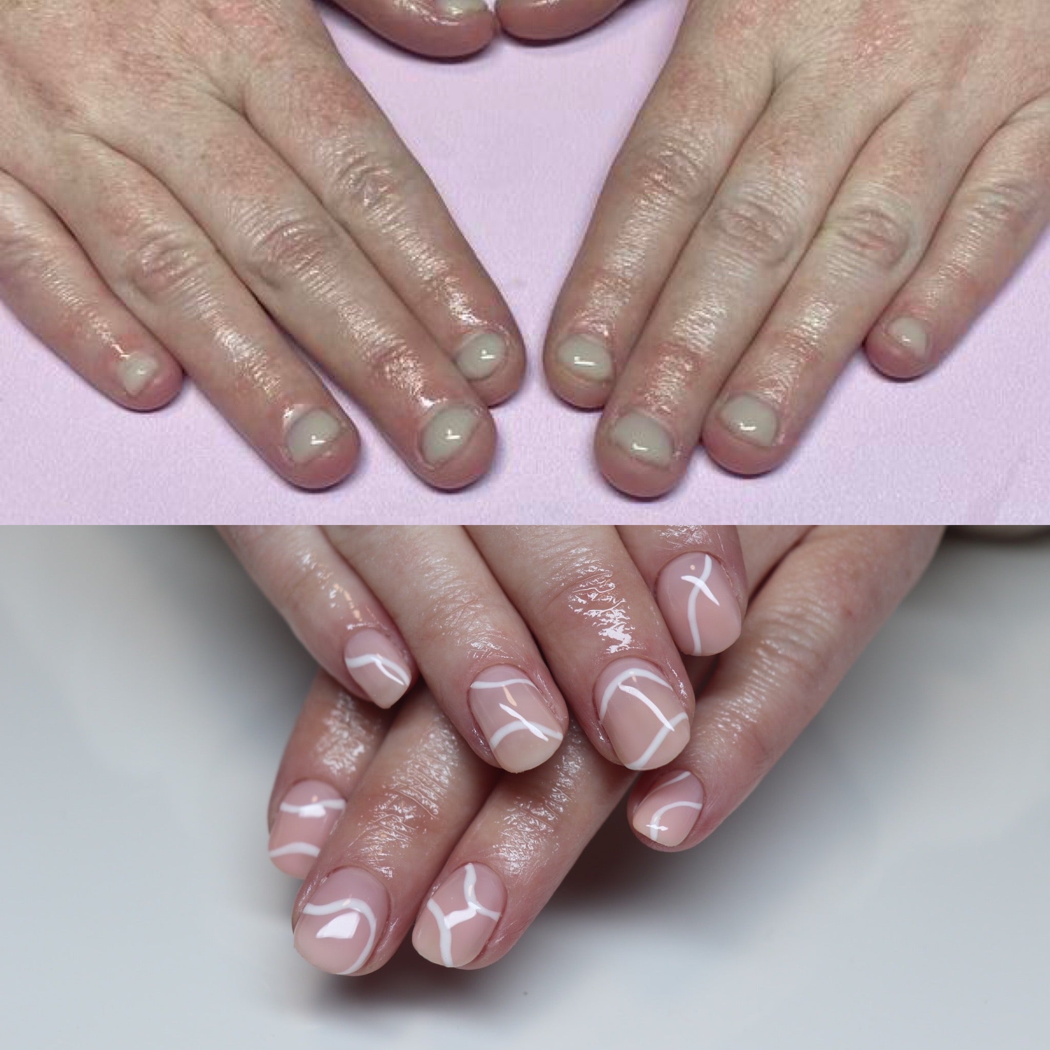 Client hands progress after 6 months of consistent builder gel (BIAB) nail appointments to break nail biting habits.