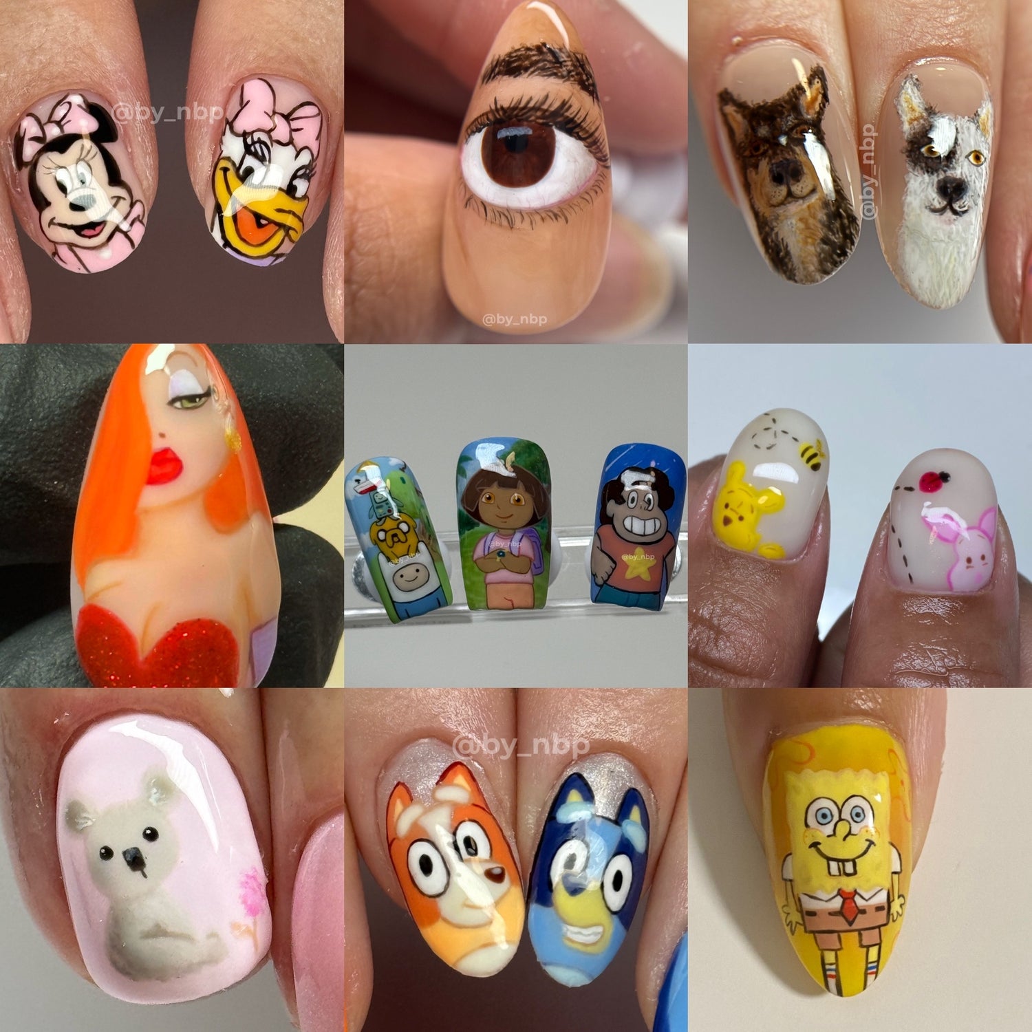 Collage of client hands with various hand panted cartoon/realistic character nail art on BIAB & Gel-X nails.